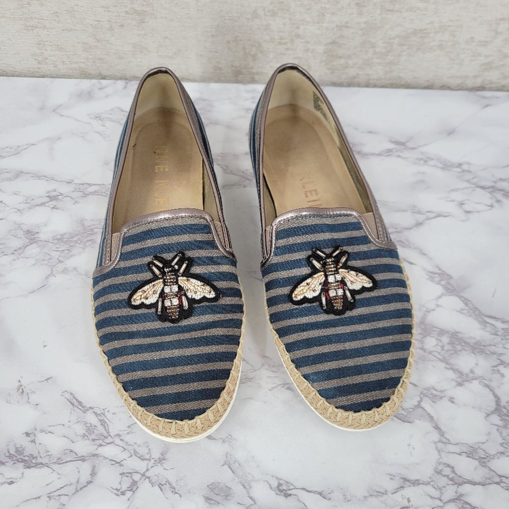 Anne Klein Stripe Blue Canvas Espadrilles with Bee Beaded Embroidery Flats Shoes